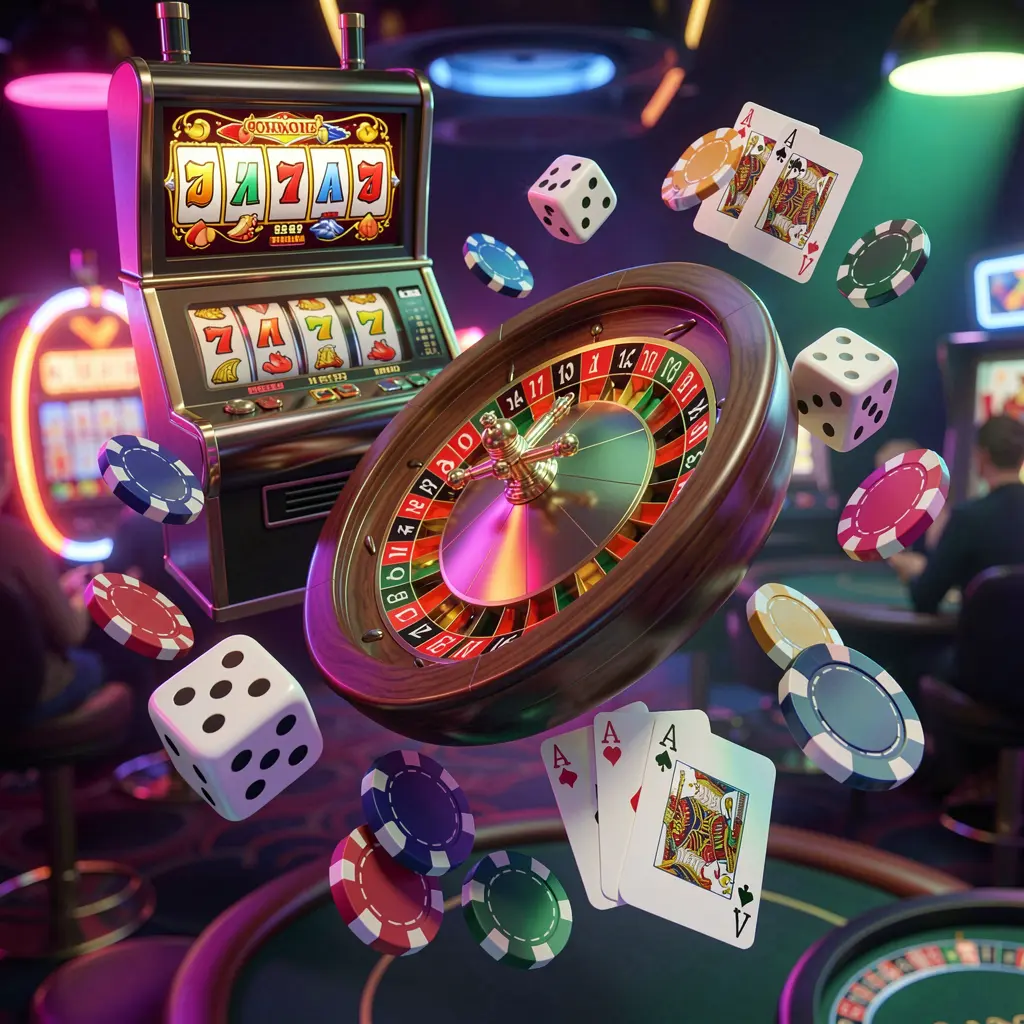PP BD casino games collection homepage visual featuring a slot machine, roulette wheel, dice, playing cards, and poker chips floating together with colorful neon lights in a premium 3D render PP BD casino games collection homepage visual featuring a slot machine, roulette wheel, dice, playing cards, and poker chips floating together with colorful neon lights in a premium 3D render